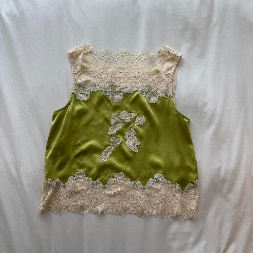 Green lace silk cami top with white floral embroidery